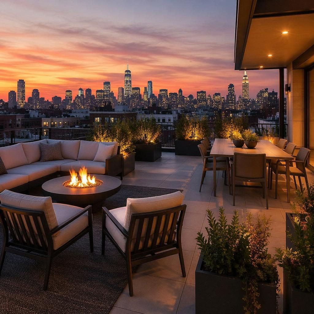 Wide-angle view from a restored penthouse interior to a rooftop terrace with skyline, dusk lighting and autumn accents