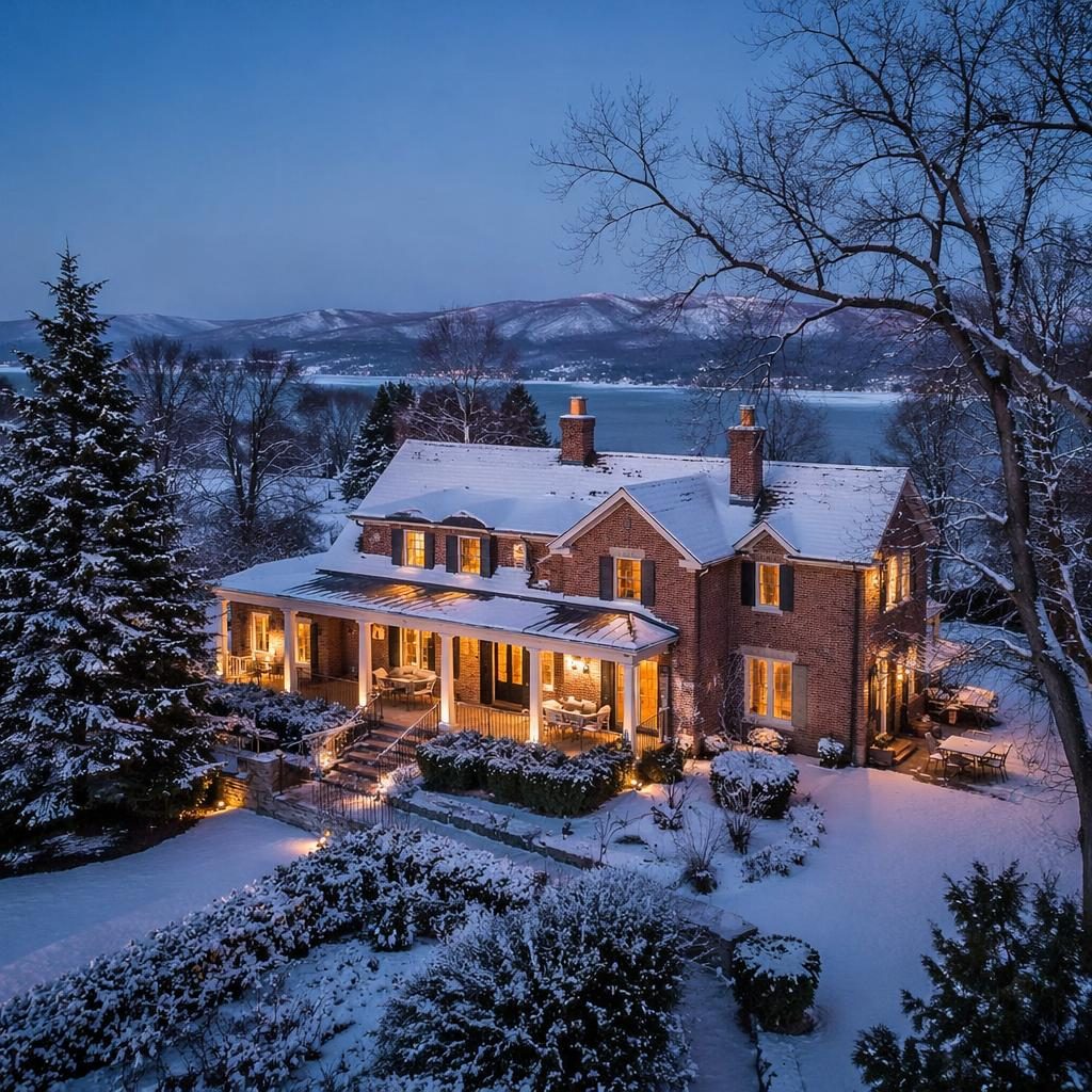 Rear view of a rustic ranch with garden in winter snow at blue hour, wide-angle real estate listing photo, sharp focus.