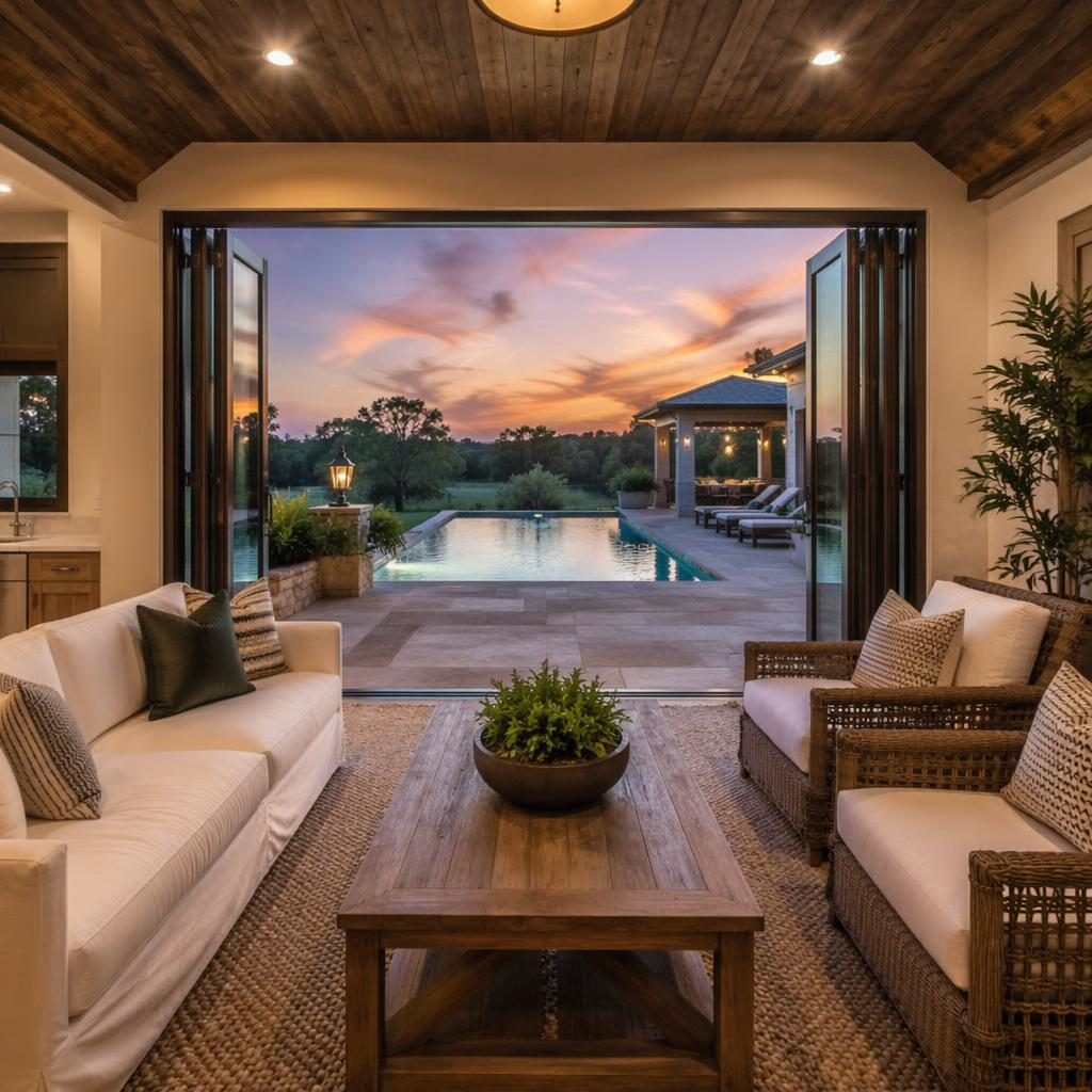 Wide-angle real estate photo of a restored historic home interior opening to a pool deck cabana at blue hour twilight.