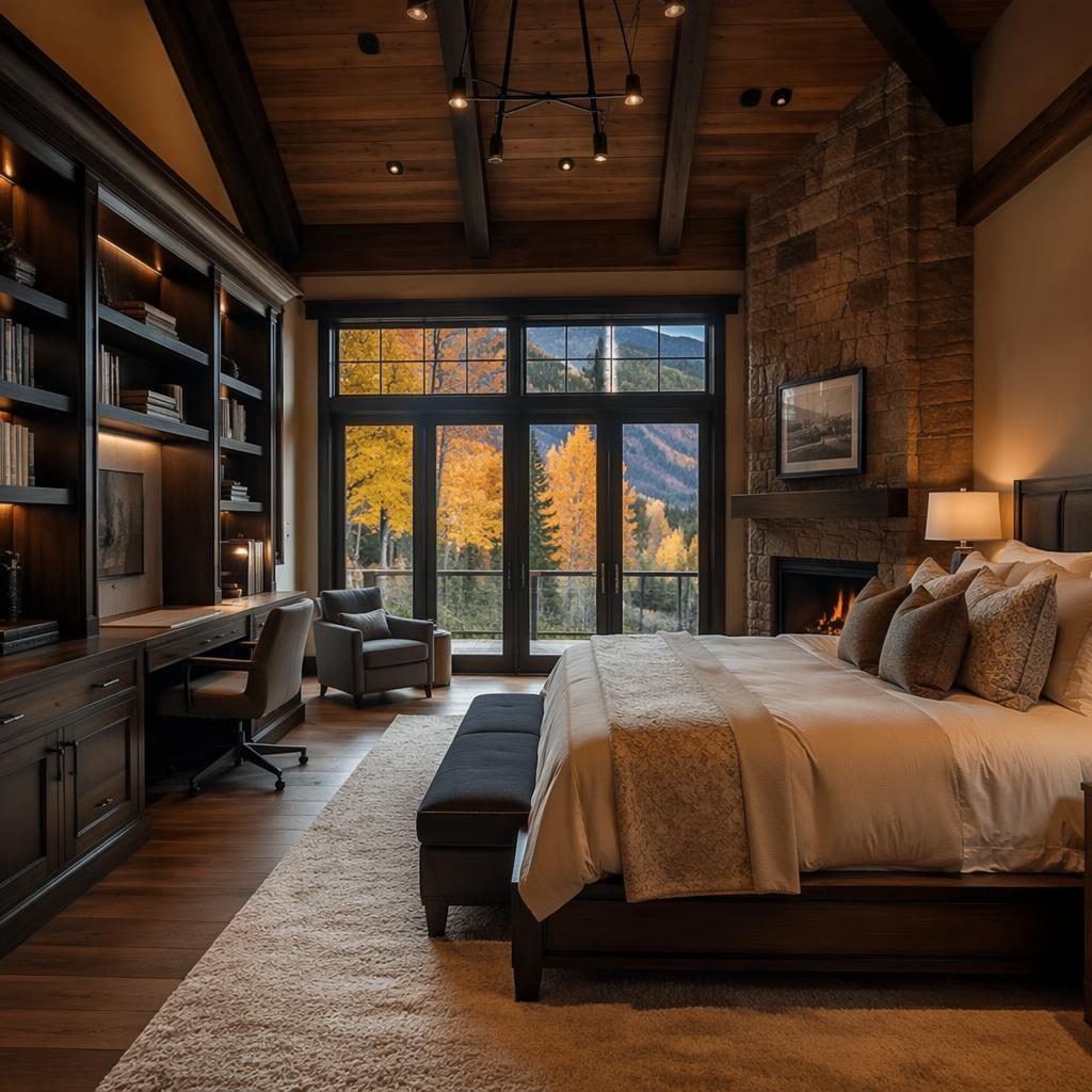 Wide-angle view of a staged mountain cabin master bedroom with office bookshelf built-ins, autumn trees and sunny light.