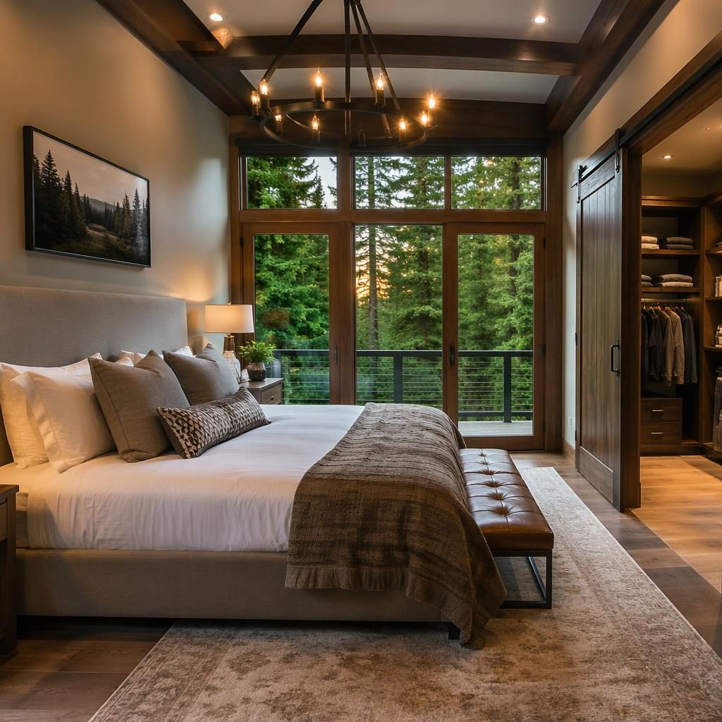 Wide-angle view of a mountain cabin master bedroom at dusk with airy staging and an organized walk-in closet.