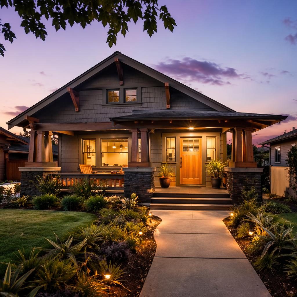 Craftsman bungalow exterior at morning light with autumn landscaping, sharp real estate framing and clean staging.