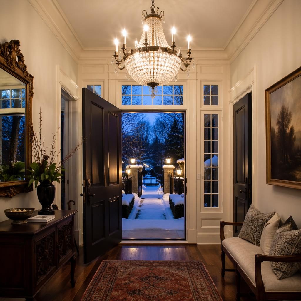 Historic restored home entryway foyer with chandelier, view toward snowy winter garden at blue hour twilight