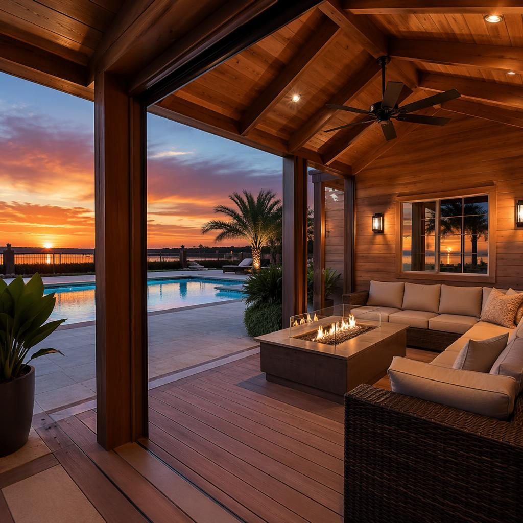 Tiny house pool deck cabana at blue hour with foyer entrance view, staged seating, wide-angle real estate framing