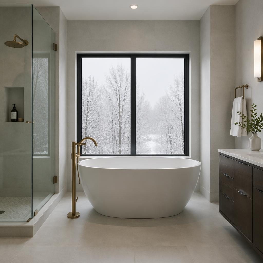 Wide-angle view of a staged urban apartment spa bathroom with a soaker tub, soft overcast winter light, and luxury finishes.