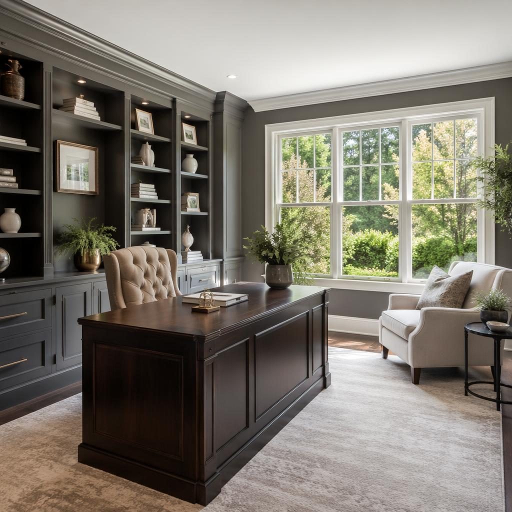 Bureau à domicile lumineux dans un penthouse, cadrage grand-angle, mise en scène soignée, lumière de midi