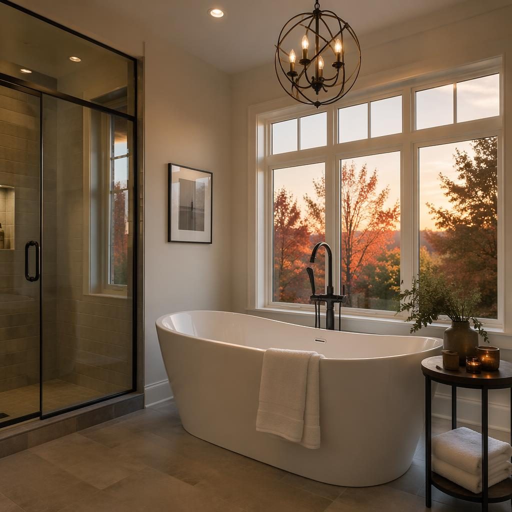 Dusk-lit spa bathroom with soaker tub in a traditional family home, styled with autumn tones and wide-angle framing.