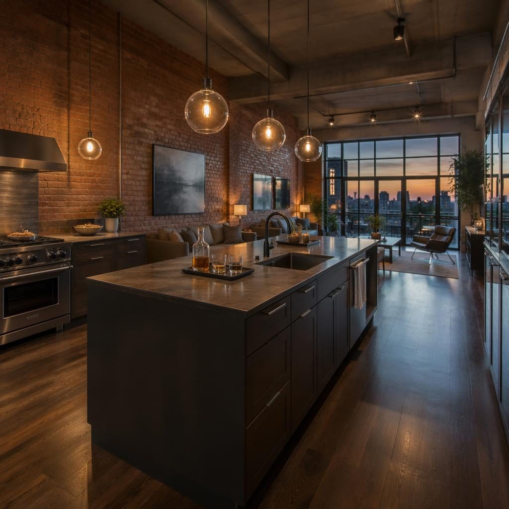 Wide-angle view of a luxury studio loft kitchen at dusk with brick walls, airy staged interior, and sharp realtor framing.