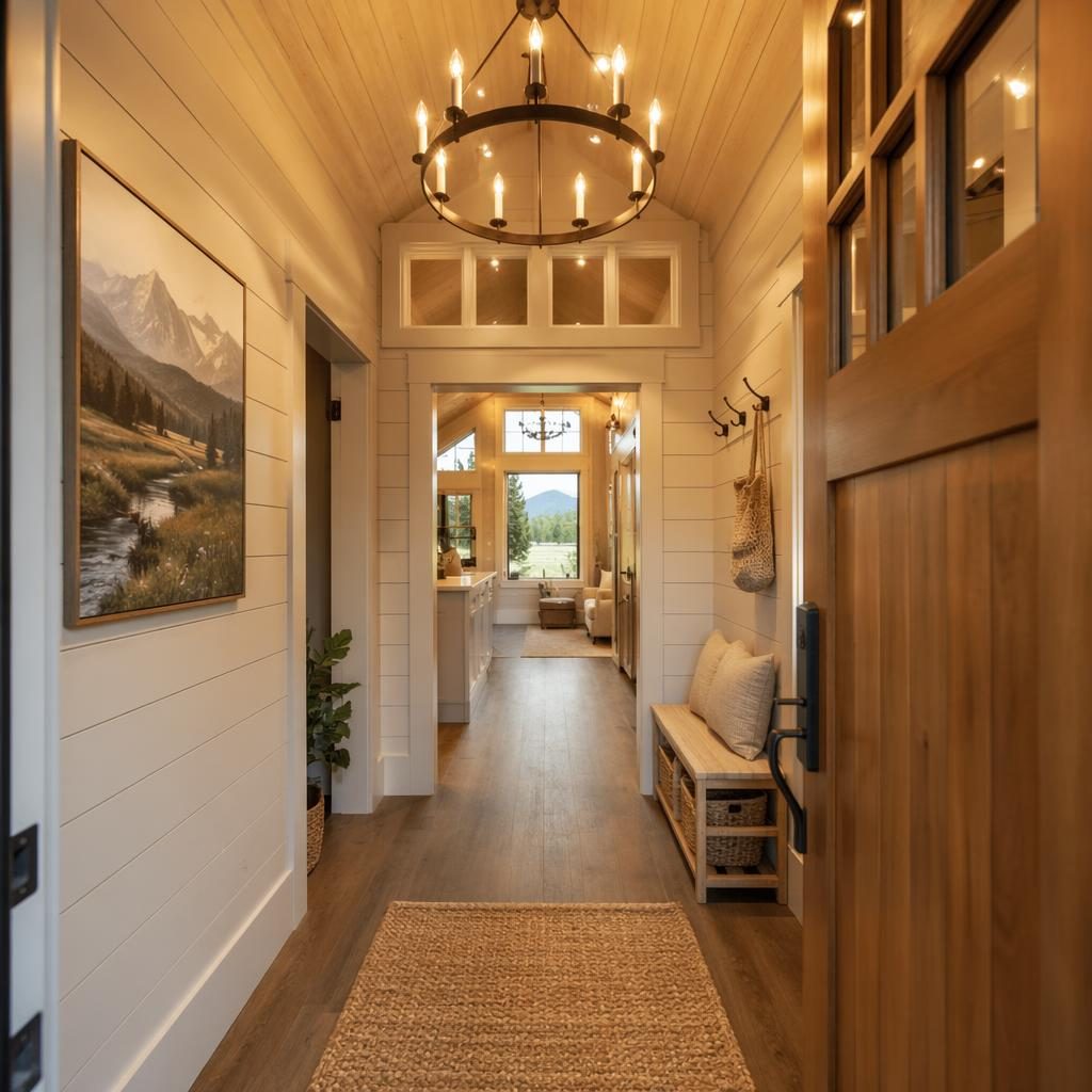 Tiny house foyer entrance with chandelier, wide-angle view, golden hour light, sharp staged HDR real estate photo