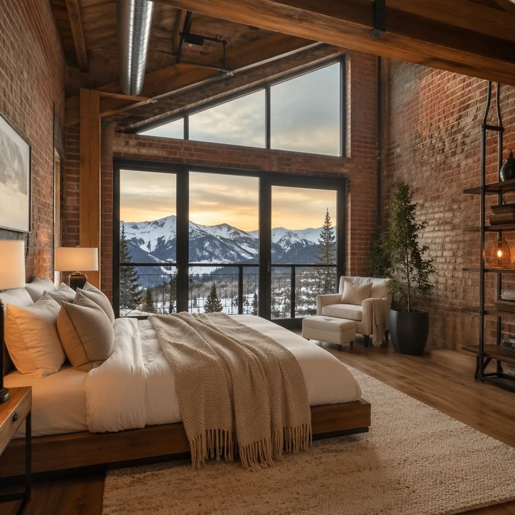 Dormitorio principal tipo loft con interior de ladrillo, vista amplia, luz dorada y nieve invernal visible.