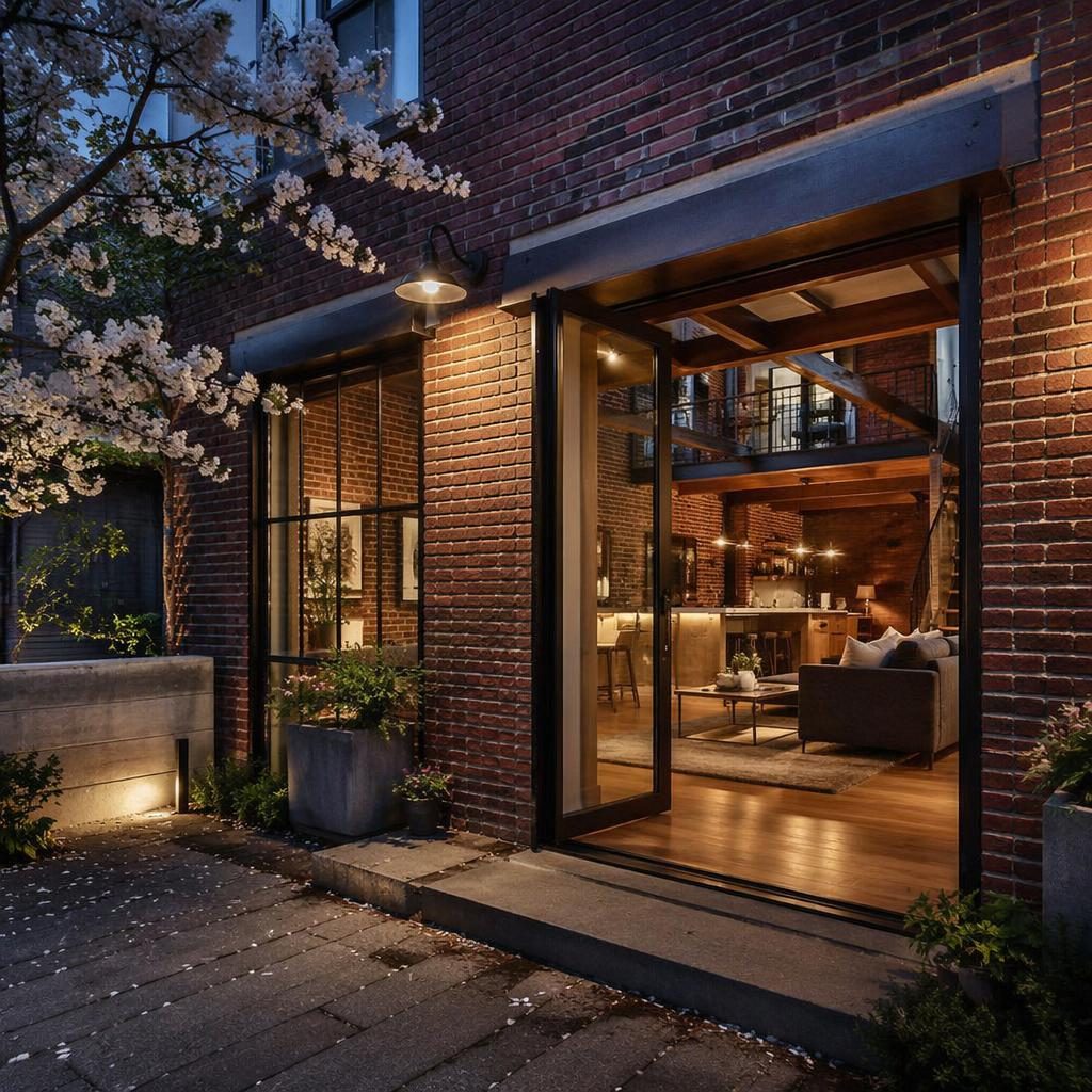 Wide-angle view of a staged studio loft with exposed brick walls, large windows, sharp focus, and editorial real estate styling