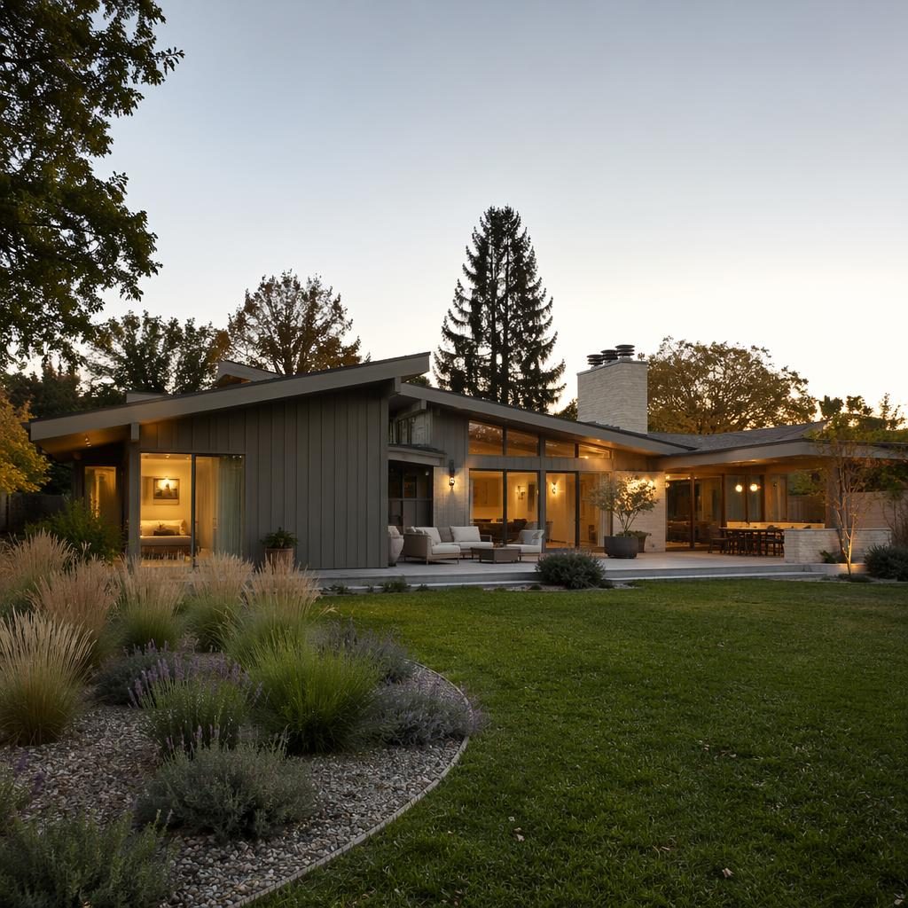 Vue arrière d’un ranch rustique de style mid-century avec jardin soigné, lumière douce de fin d’été et ciel couvert