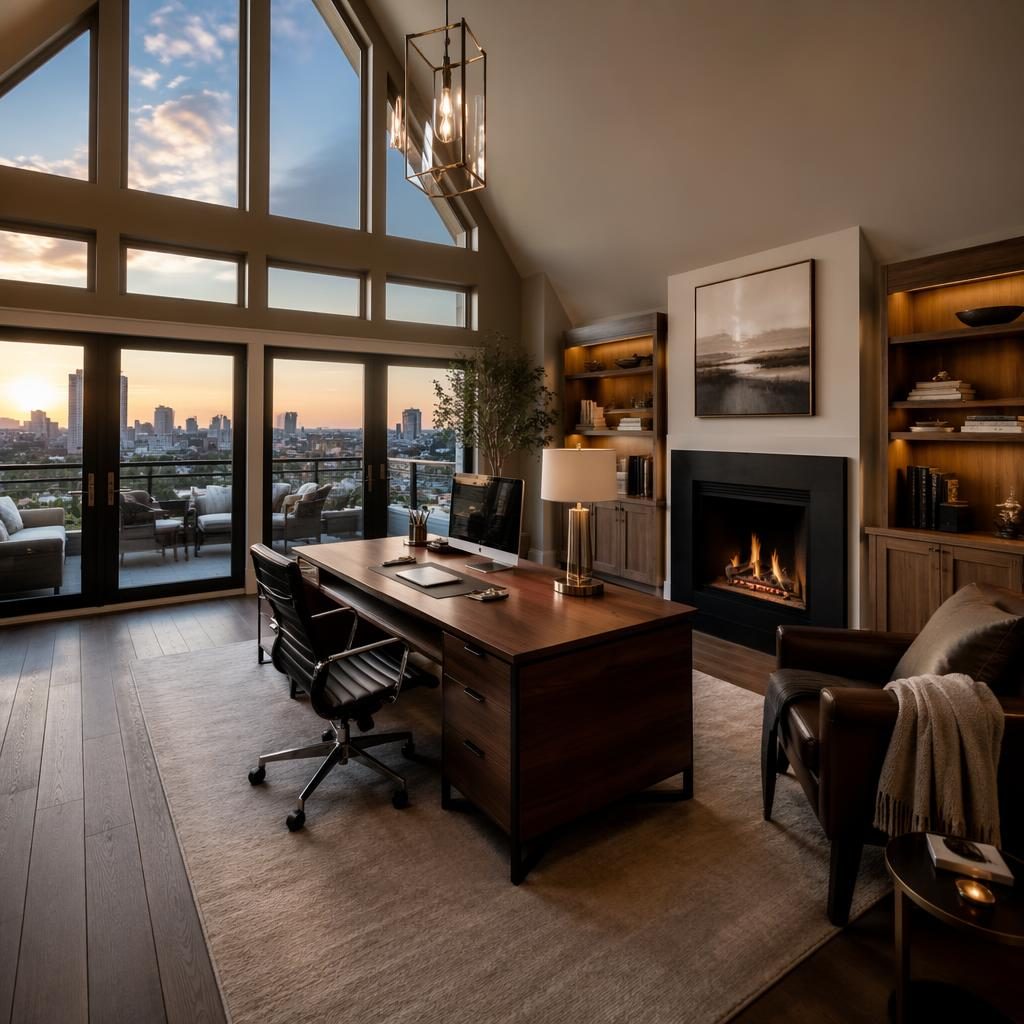 Wide-angle penthouse home office with cathedral ceiling, dusk-lit interior, autumn views, sharp staging, and no clutter.