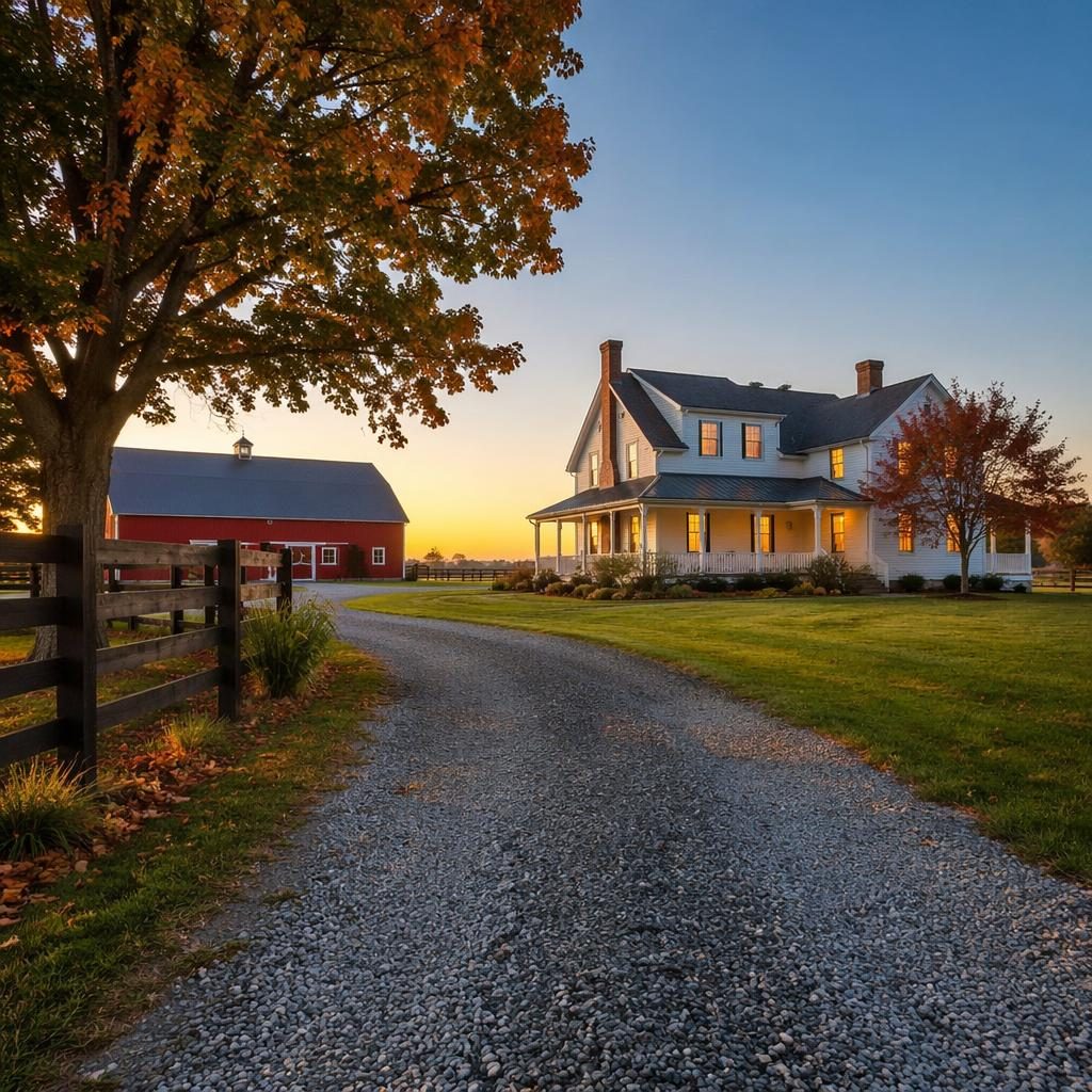 Farmhouse mit roter Scheune bei Morgendämmerung, herbstliche Bäume, weite Außenansicht, warmes Licht, realistische HDR-Fotografie