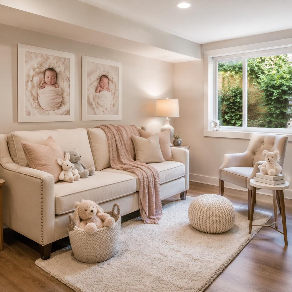 Wide-angle view of a finished basement family room with staged seating, warm golden-hour light, and spring-inspired styling.