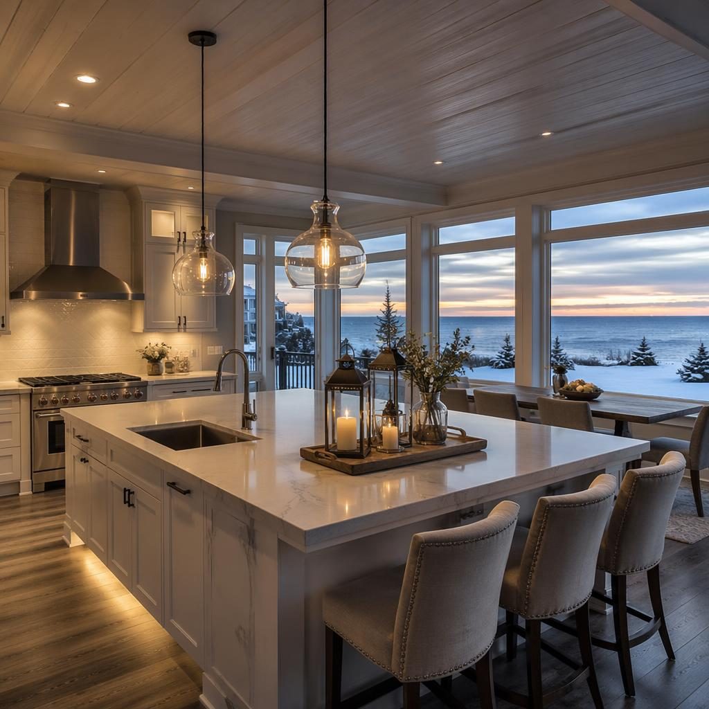 Wide-angle beach house bathroom in moody twilight, sunny winter light, sharp staged interior, photoreal real estate style