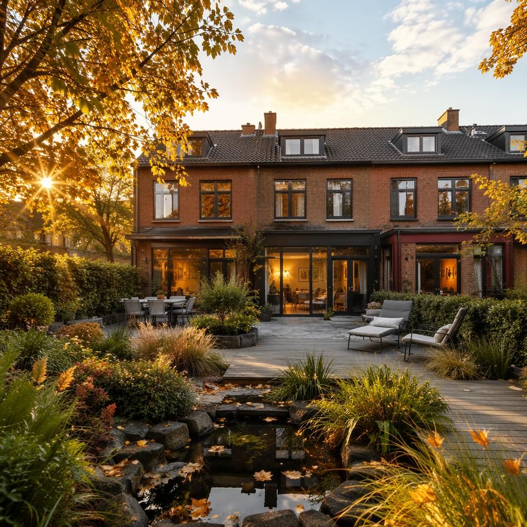 Rear view of a rustic ranch townhouse with brick row homes, autumn garden, and golden hour light in sharp HDR realism.