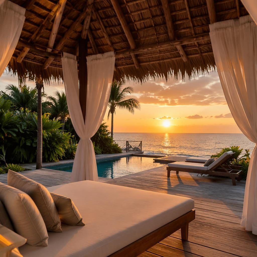 Wide-angle beach house bathroom opening to a pool deck cabana at sunset, styled cleanly with sharp HDR detail.