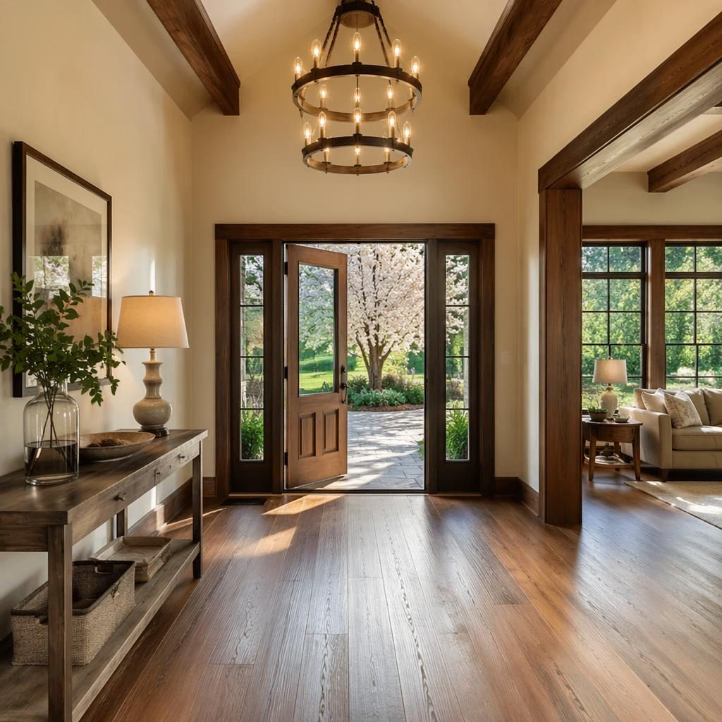 Rear view of a rustic ranch with blooming spring garden at golden hour, wide-angle real estate photo with foyer chandelier visible