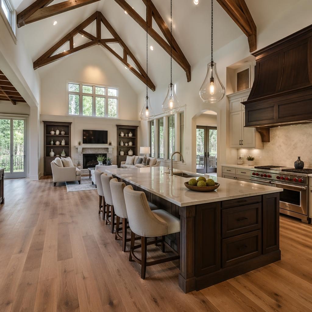 Wide-angle view of a luxury villa kitchen and great room with cathedral ceiling, soft overcast light, staged clean