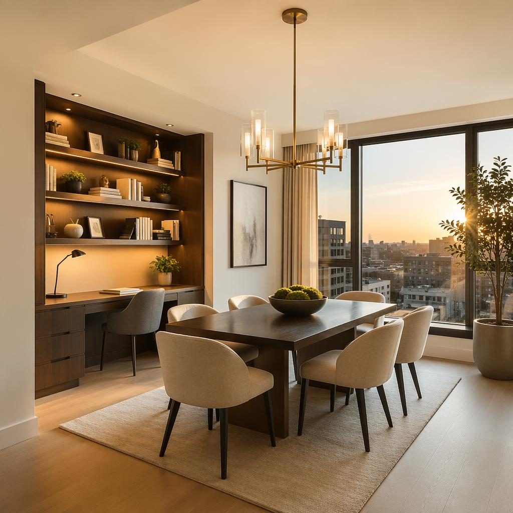 Wide-angle view of an urban apartment dining area at golden hour, with staged decor and home office bookshelf built-ins.