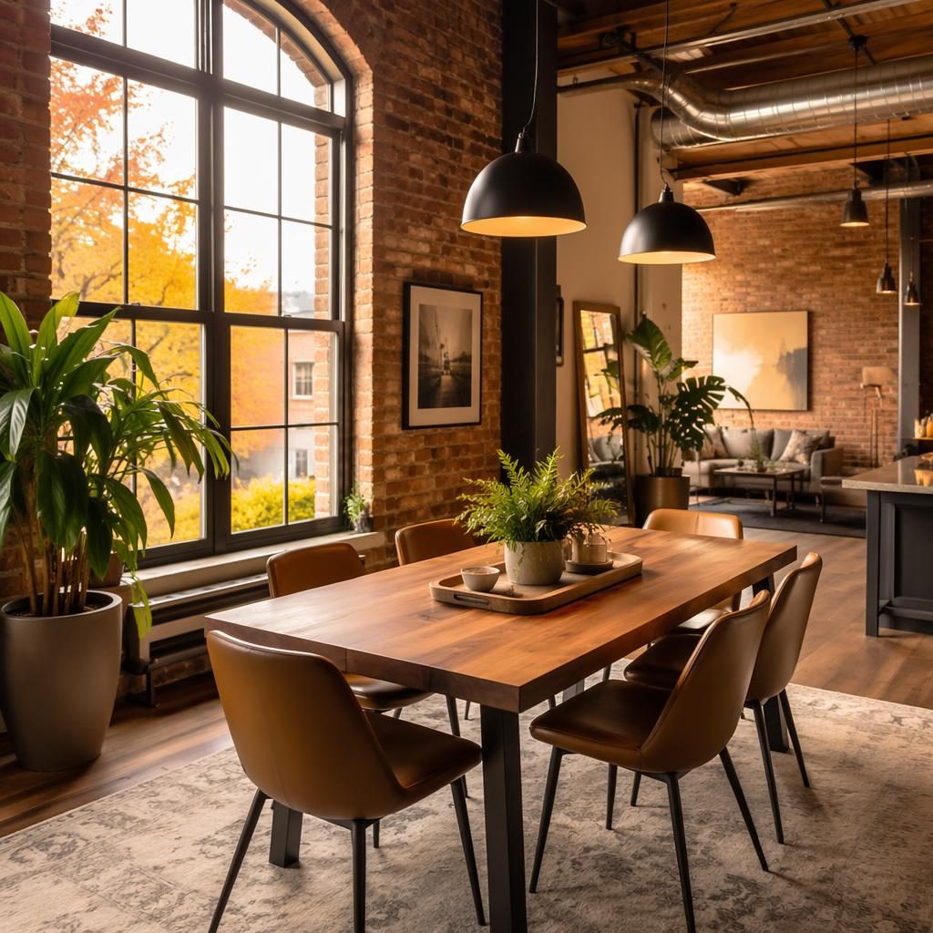 Salle à manger d’un studio loft urbain en brique, lumière dorée d’automne, cadrage large et mise en scène soignée