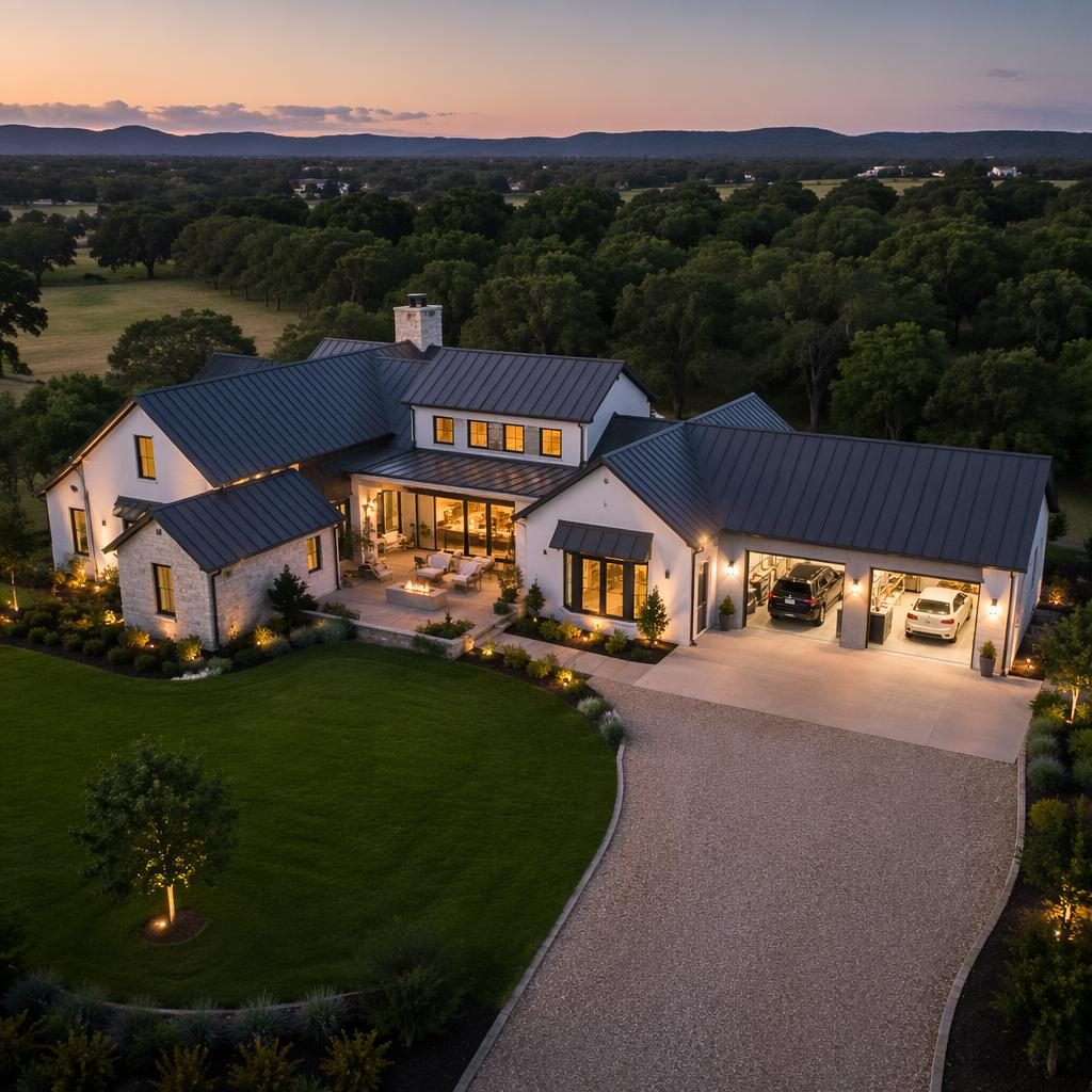 Aerial drone view of a modern single-family home at dusk with glowing interior lights and a two-car garage with workshop.