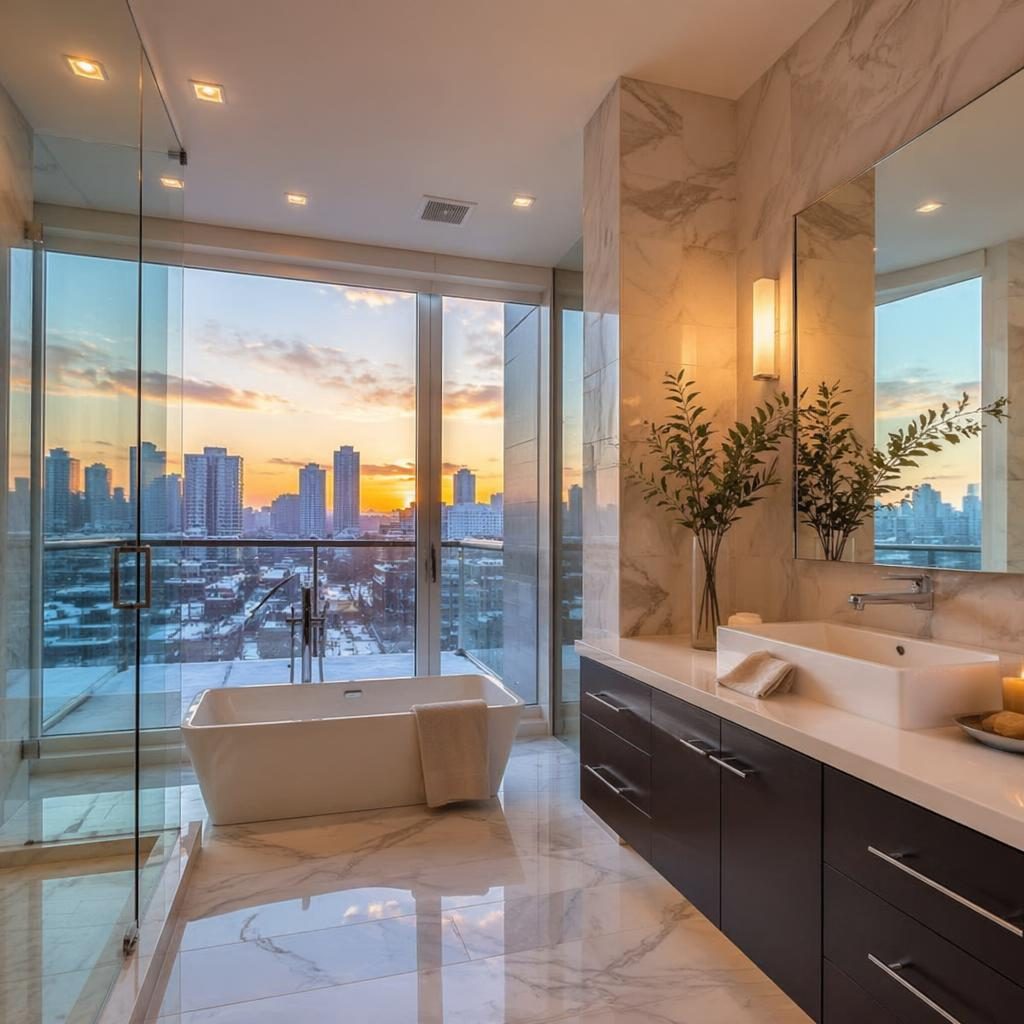 Wide-angle beach house bathroom interior at dusk with winter snow outside and a penthouse rooftop terrace skyline view.