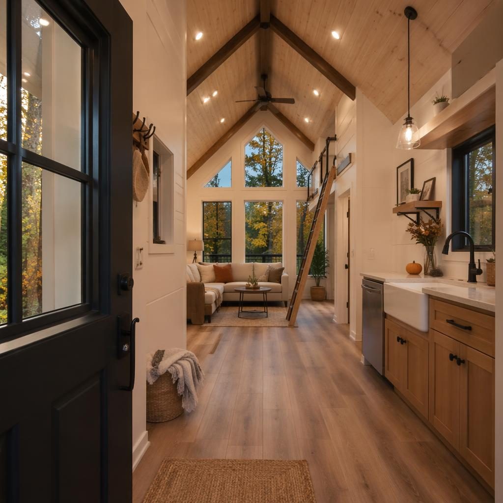 Wide-angle realtor photo of a tiny house foyer opening to a great room with cathedral ceiling, dusk interior, autumn decor.