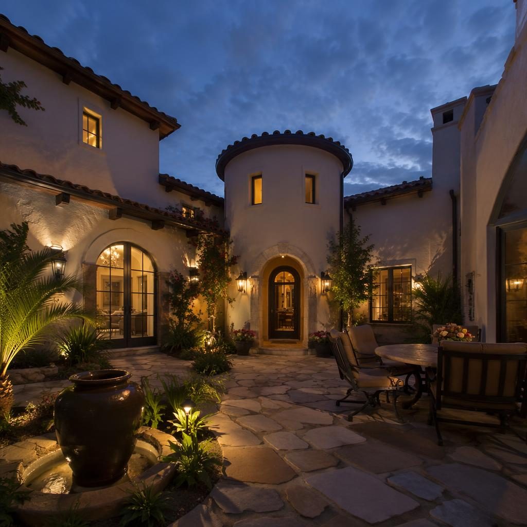 Exterior hero view of a Mediterranean villa courtyard in autumn, sunny morning light, wide-angle real estate framing