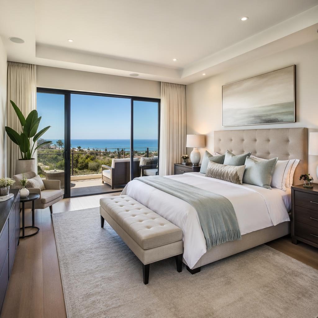 Luxury villa master bedroom with king bed, moody twilight lighting, sharp focus, wide-angle real estate framing
