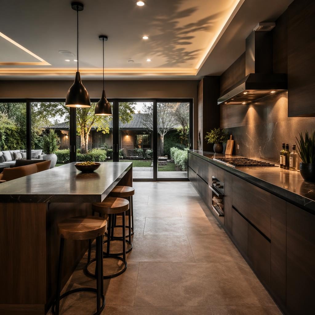 Cuisine de villa de luxe, cadrage grand angle, lumière du matin, mise en scène soignée, ambiance sombre et photoréaliste