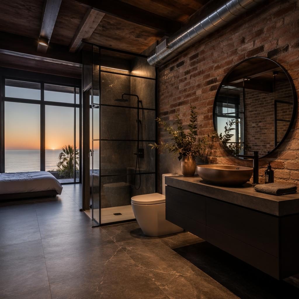 Salle de bain de maison de plage avec intérieur loft en brique, lumière matinale, cadrage grand-angle, style éditorial