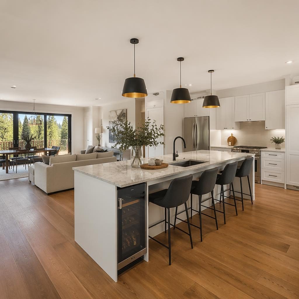 Vue aérienne par drone d’une maison individuelle moderne, matin ensoleillé, jardin fleuri et cuisine ouverte avec îlot