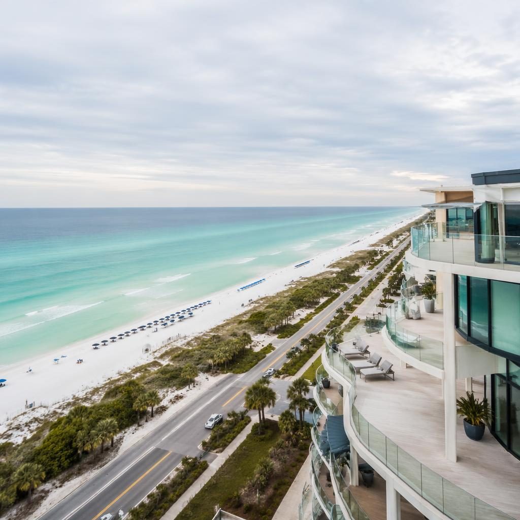 Aerial-style view from a luxury condo high-rise balcony overlooking soft, overcast 30A beaches and coastal homes.