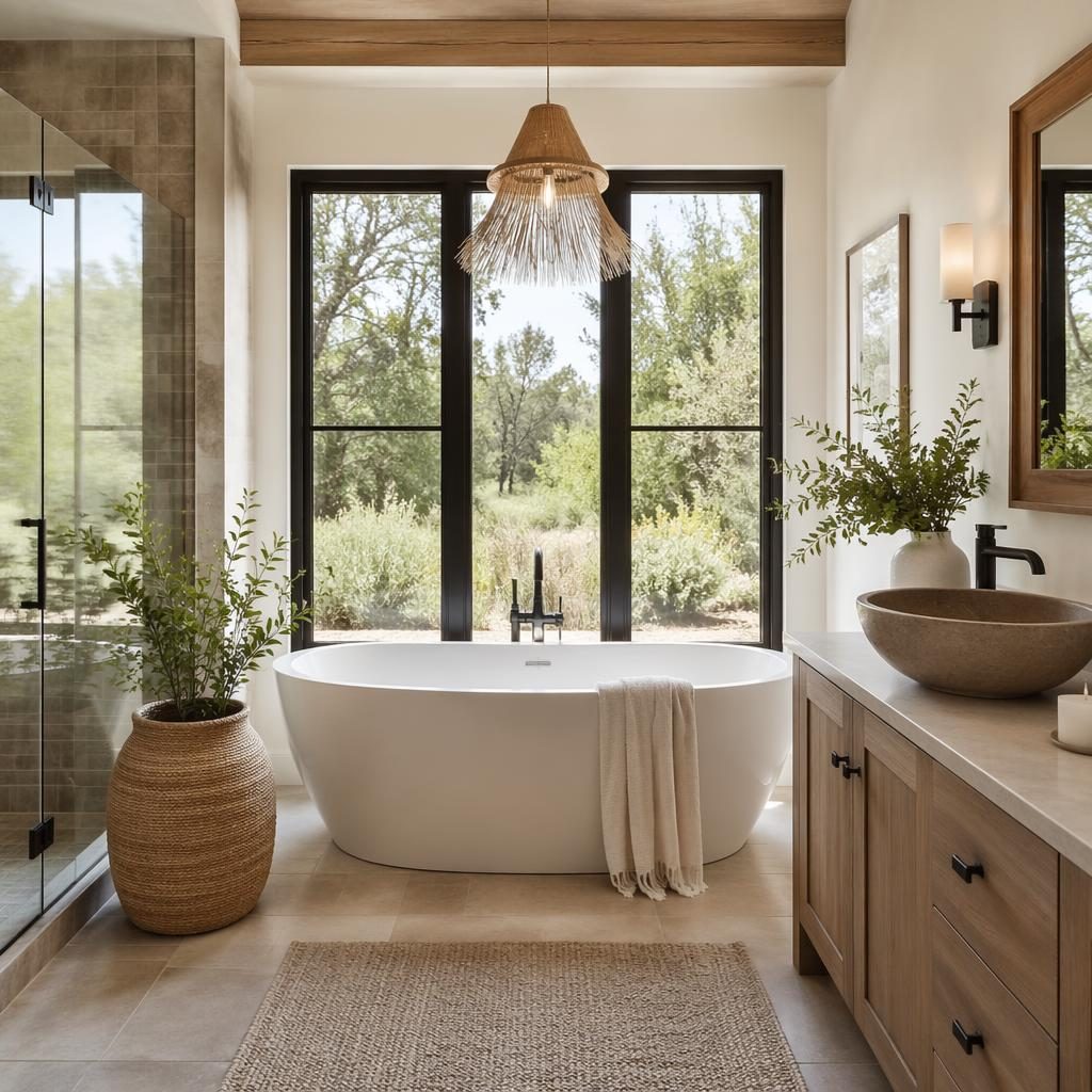 Vue arrière d’un ranch rustique avec jardin, lumière de midi en fin d’été, et salle de bain spa avec baignoire profonde.