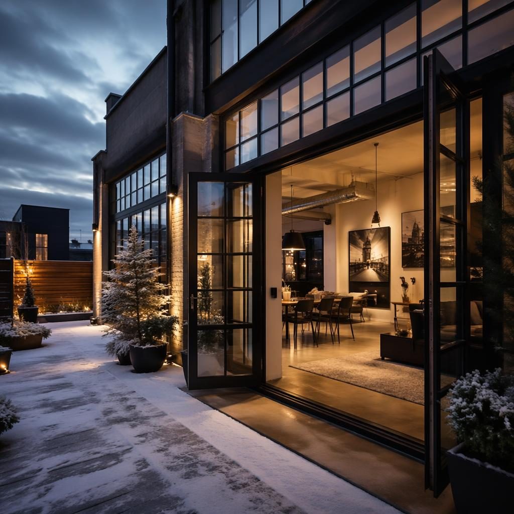 Exterior de casa moderna independiente al atardecer invernal, con nieve, luz dorada y composición inmobiliaria amplia.