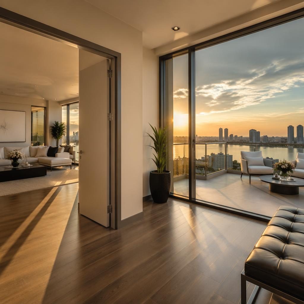 Entrada tipo recibidor de un ático pequeño con vista a balcón de condominio en torre, luz dorada y estilo inmobiliario