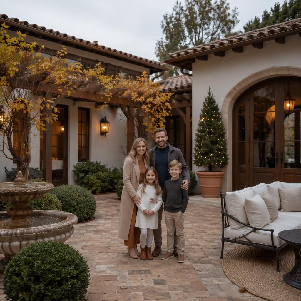 Mediterranean villa courtyard styled for Christmas family photography, with autumn tones, soft overcast light, and luxury staging.