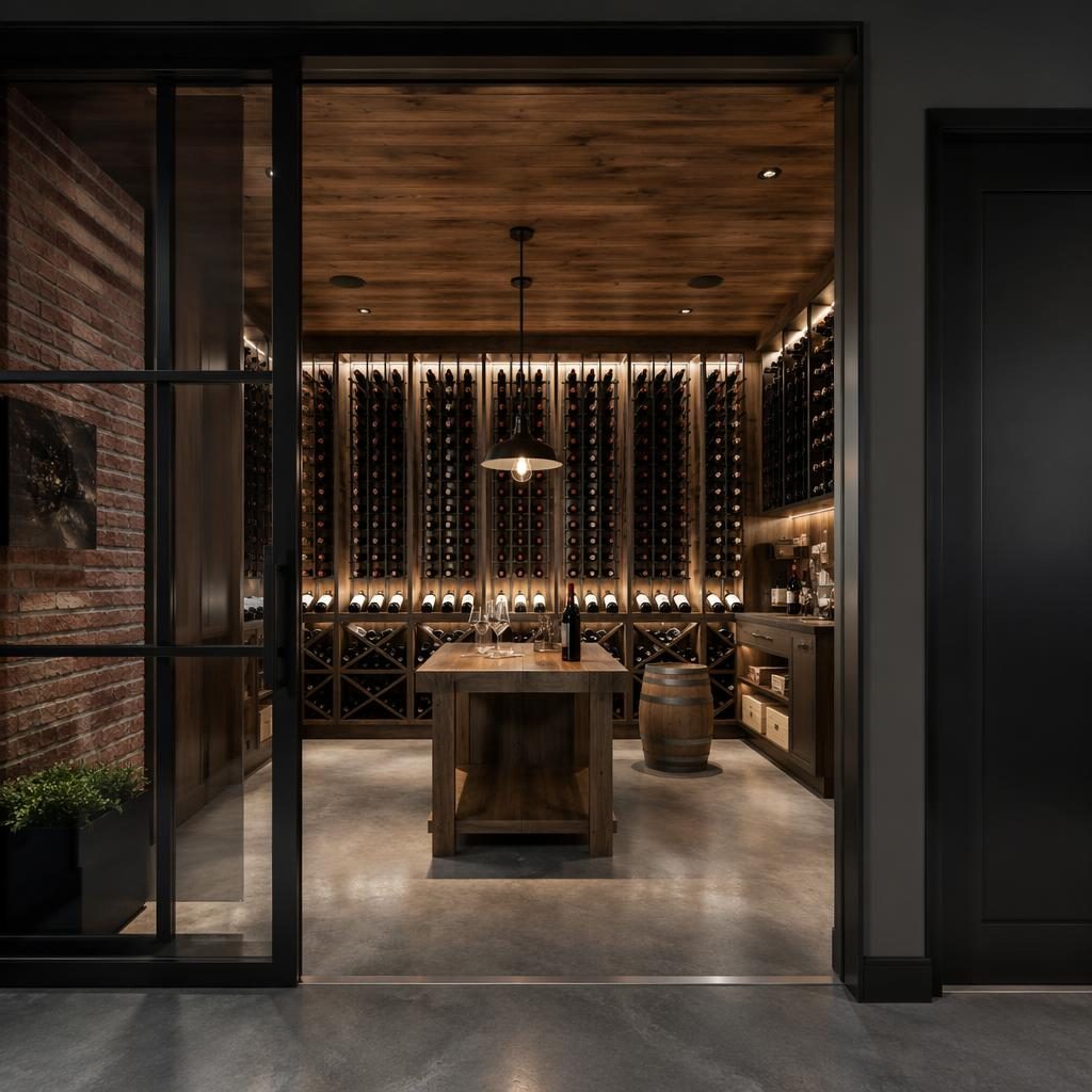 Front facade of a luxury industrial loft with soft overcast light and a visible custom wine cellar rack.