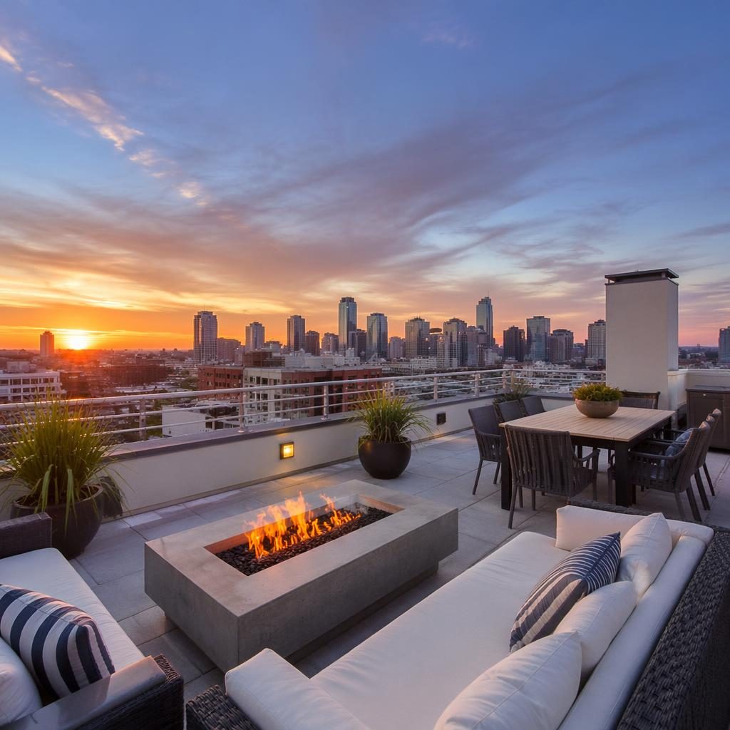 Wide-angle HDR photo of a staged penthouse rooftop terrace with skyline view at golden hour in winter snow