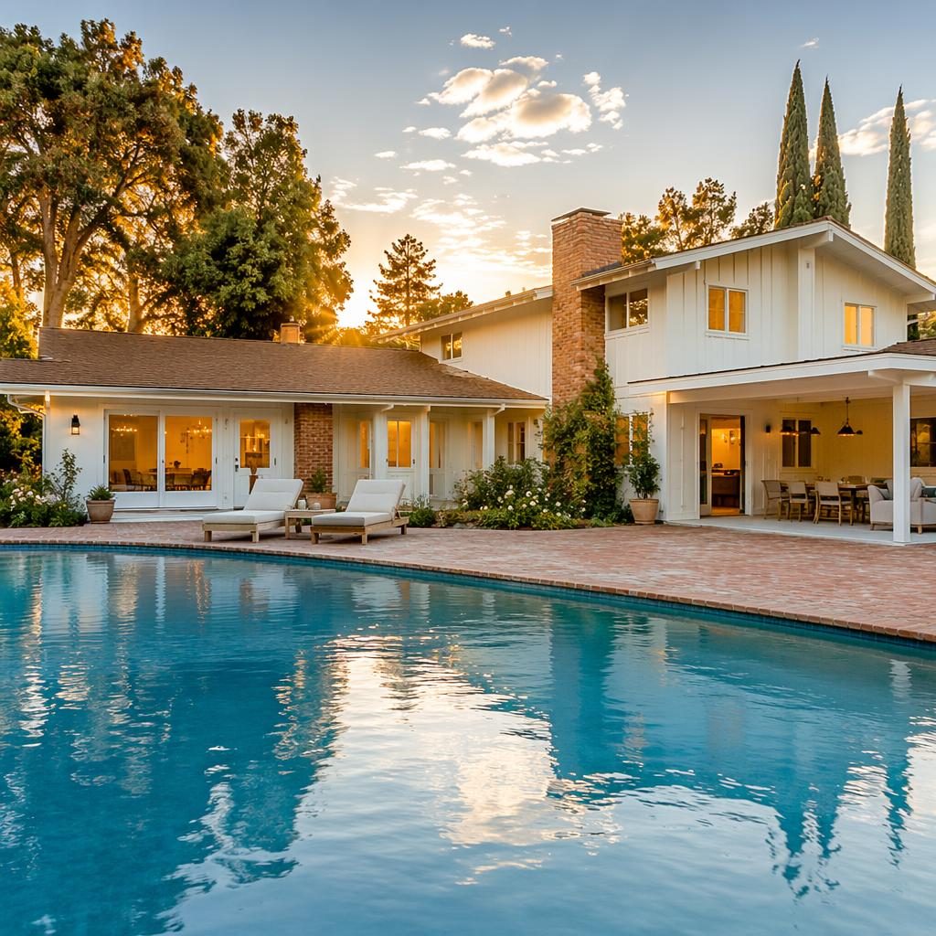 Split-level mid-century farmhouse exterior with pool and patio at golden hour, wide-angle real estate view.