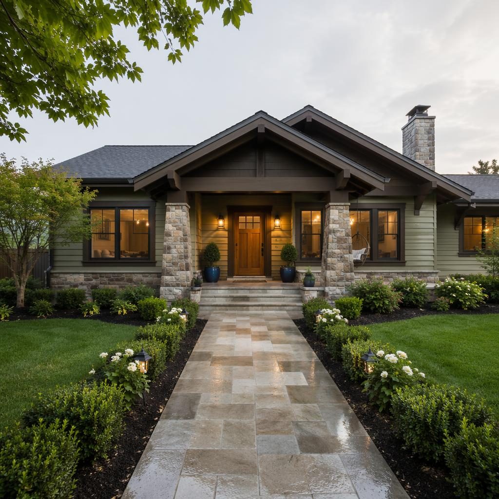 Exterior de bungalow craftsman por la mañana y vista de cocina de lujo, composición inmobiliaria amplia y ordenada