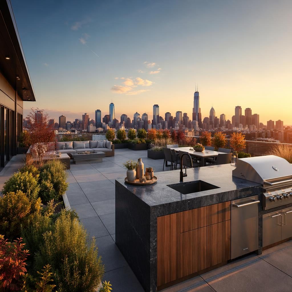Luxury penthouse rooftop terrace kitchen at golden hour with autumn skyline views, staged wide-angle real estate photo