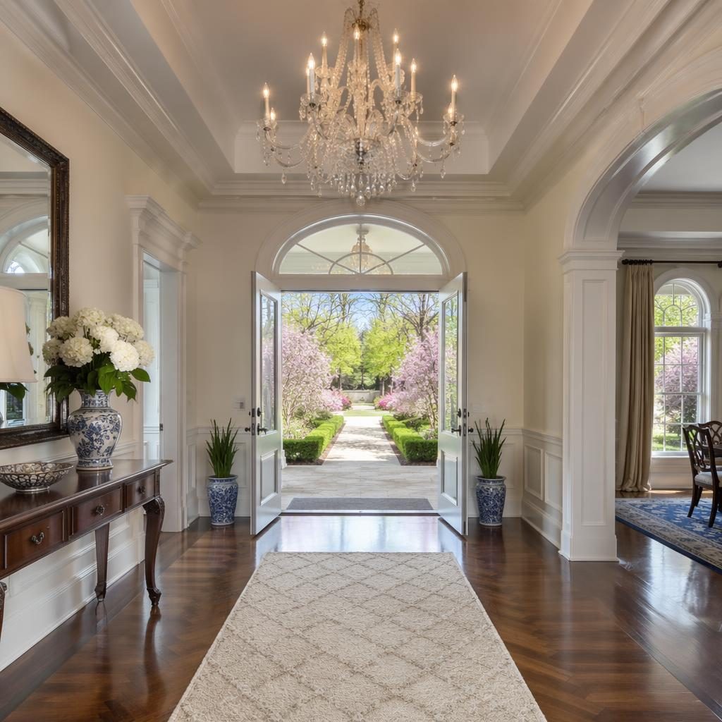 Bright historic foyer with chandelier opening to a blooming spring garden, wide-angle real estate listing photo.