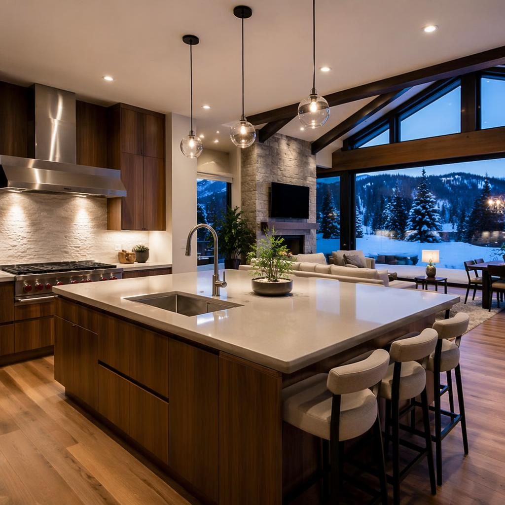 Cocina abierta de villa de lujo con isla central, interior al atardecer y vista invernal con nieve por las ventanas.