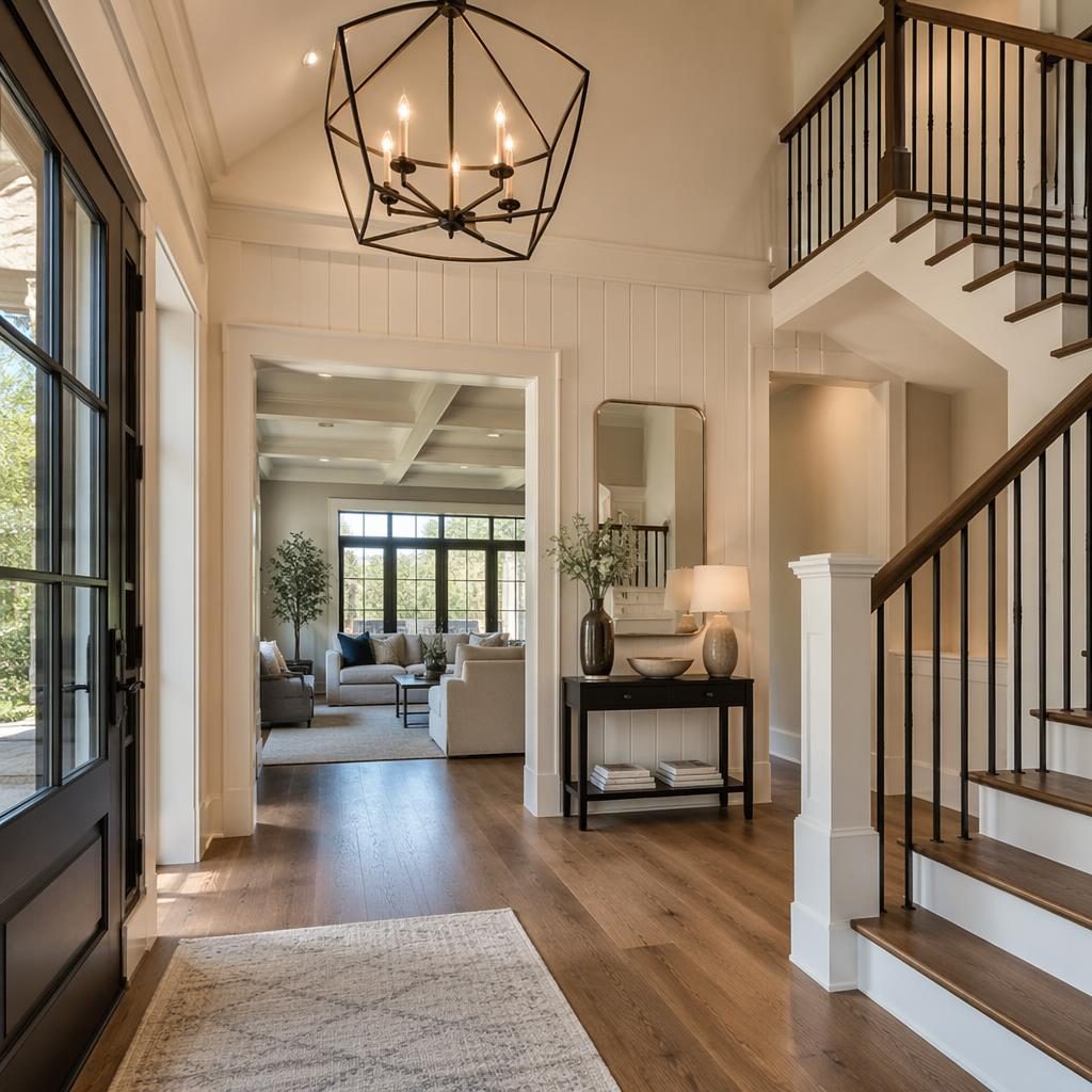 Wide-angle farmhouse pool and patio at golden hour with autumn trees, staged entryway foyer chandelier visible inside