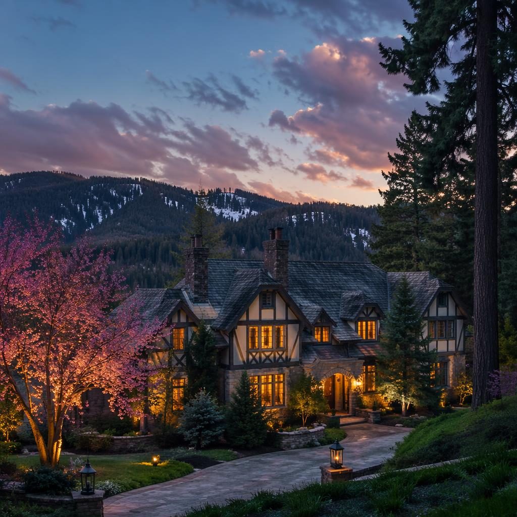 Wide-angle real estate photo of a Tudor Revival mansion exterior in spring morning light with blooming landscaping.