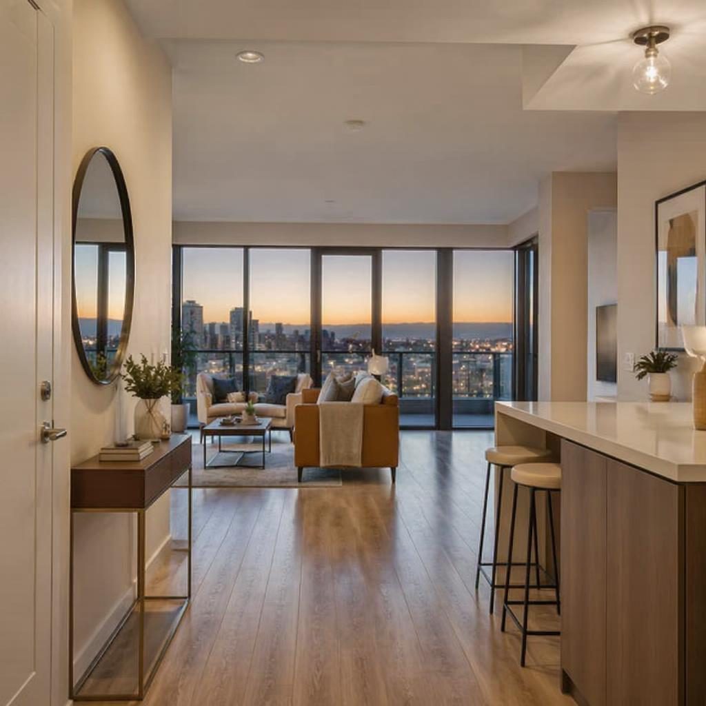 Dusk-lit tiny house foyer with autumn decor and a condo high-rise balcony view, wide-angle real estate photo.