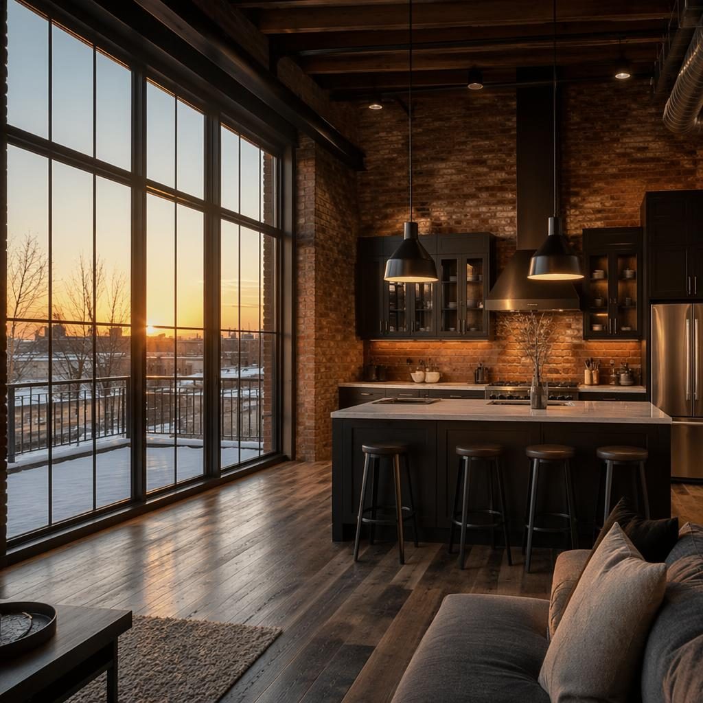Wide-angle view of a luxury villa kitchen in a studio loft with brick interior, winter snow outside at golden hour.